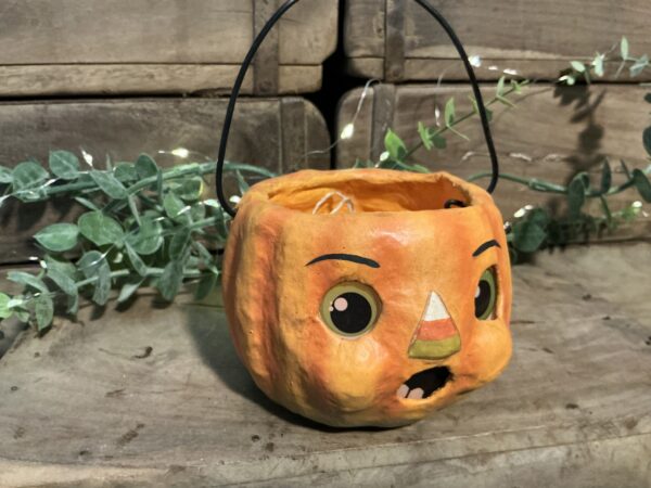 Surprised Candy Corn Pumpkin bucket Paper Mache (petite)